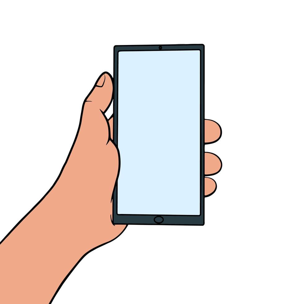 main tenant un smartphone, écran vide avec ombre, maquette de téléphone portable, application sur un appareil à écran tactile. personne utilisant un téléphone portable vecteur