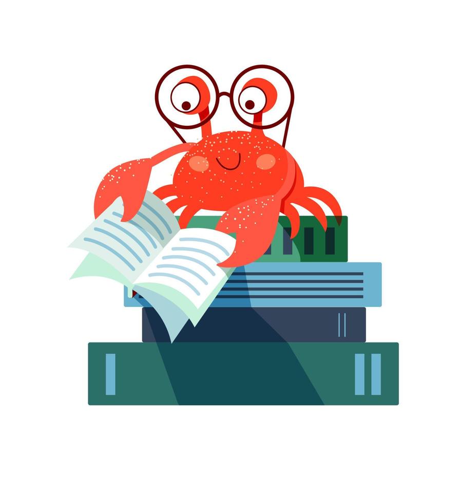 crabe avec des lunettes lit un livre assis sur une pile de livres. vecteur