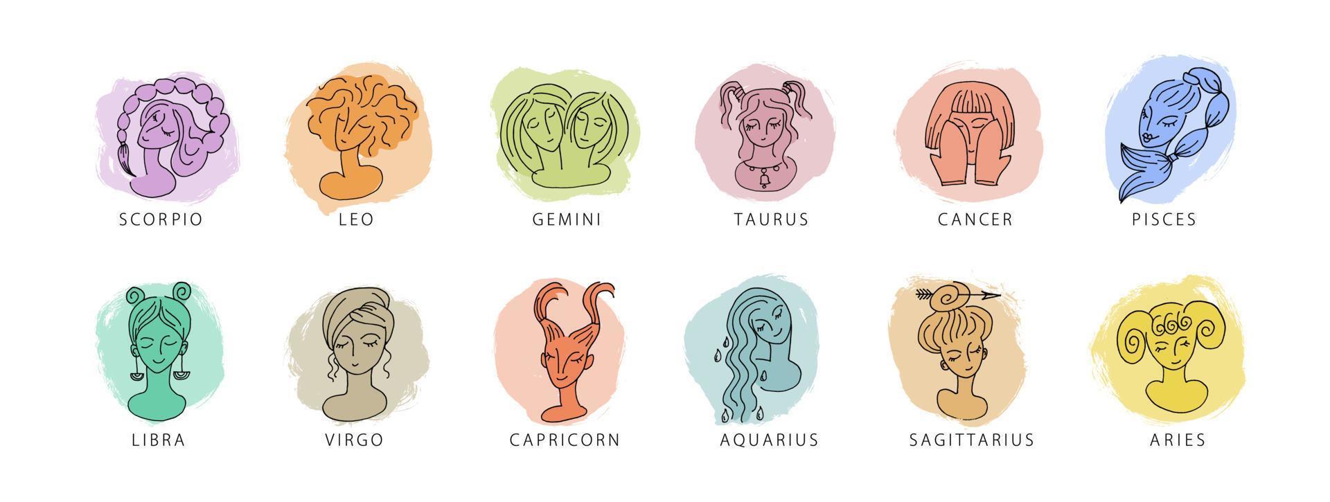horoscope, ensemble du zodiaque, symbole, dame, icône vecteur