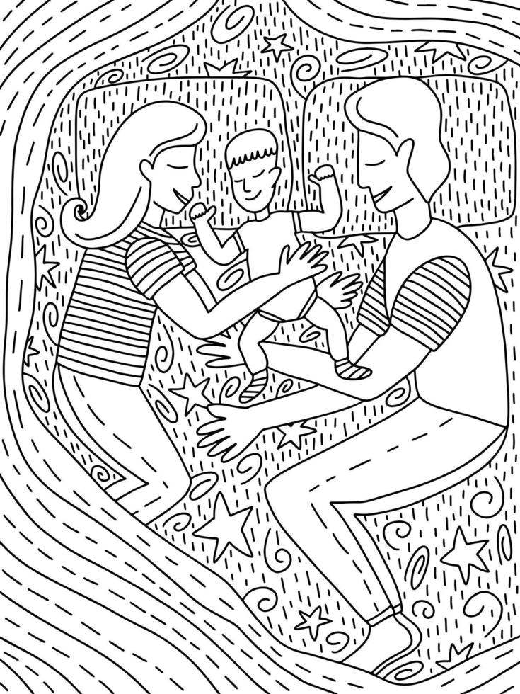 jolie jeune famille dormant avec un enfant au lit à colorier. page de coloriage avec la mère et le père étreignant leur bébé. illustration vectorielle vecteur