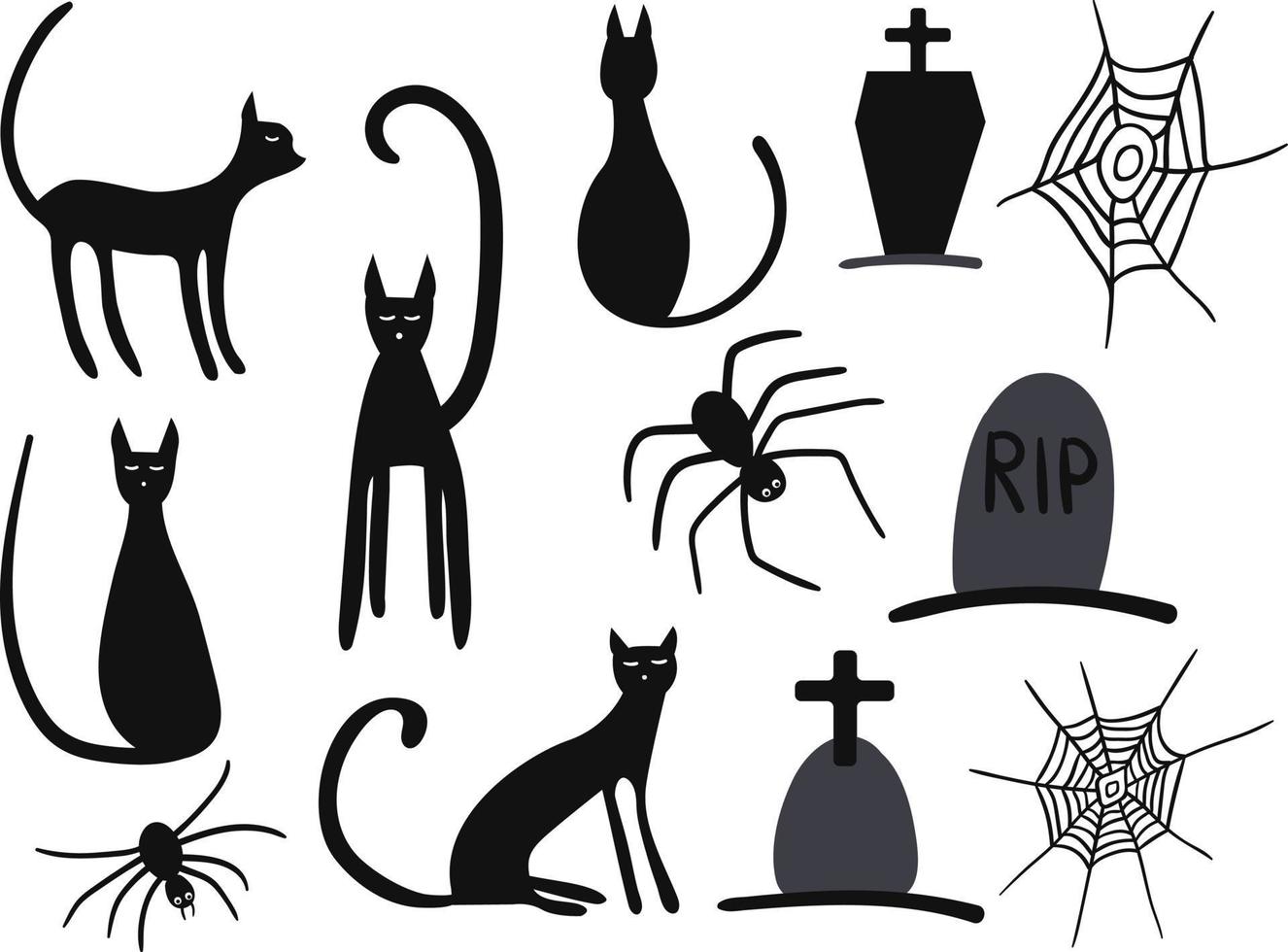 ensemble d'éléments vectoriels d'halloween. chats noirs, araignée, filet d'araignée, tombe. conception pour la décoration d'halloween, textile, papier d'emballage, papiers peints, autocollants, cartes de voeux. vecteur