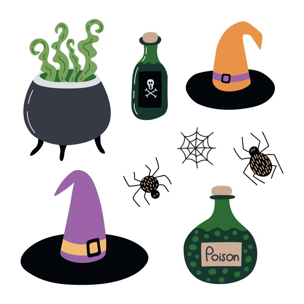 vecteur halloween sertie de chapeau de sorcière, d'araignées et de potion. ensemble d'art clip halloween plat