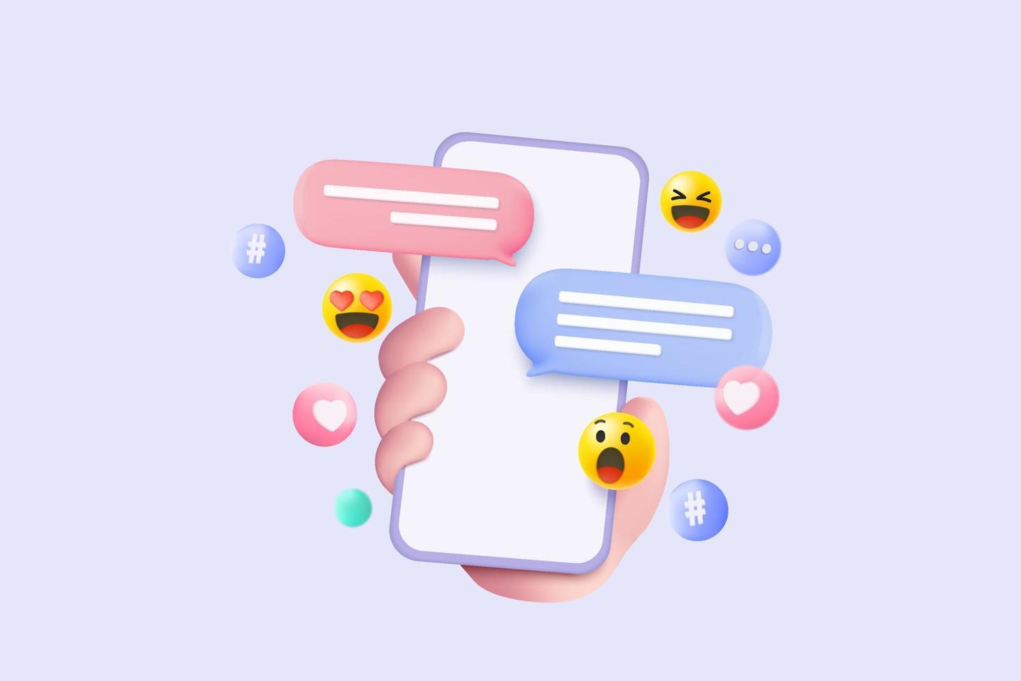 Médias sociaux 3d minimaux avec emoji, hashtag, discours sur la main mobile, optimisation de l'interface pour la bannière et le site Web pour le concept de téléphone mobile simulé. illustration de rendu de vecteur de réseau social 3d