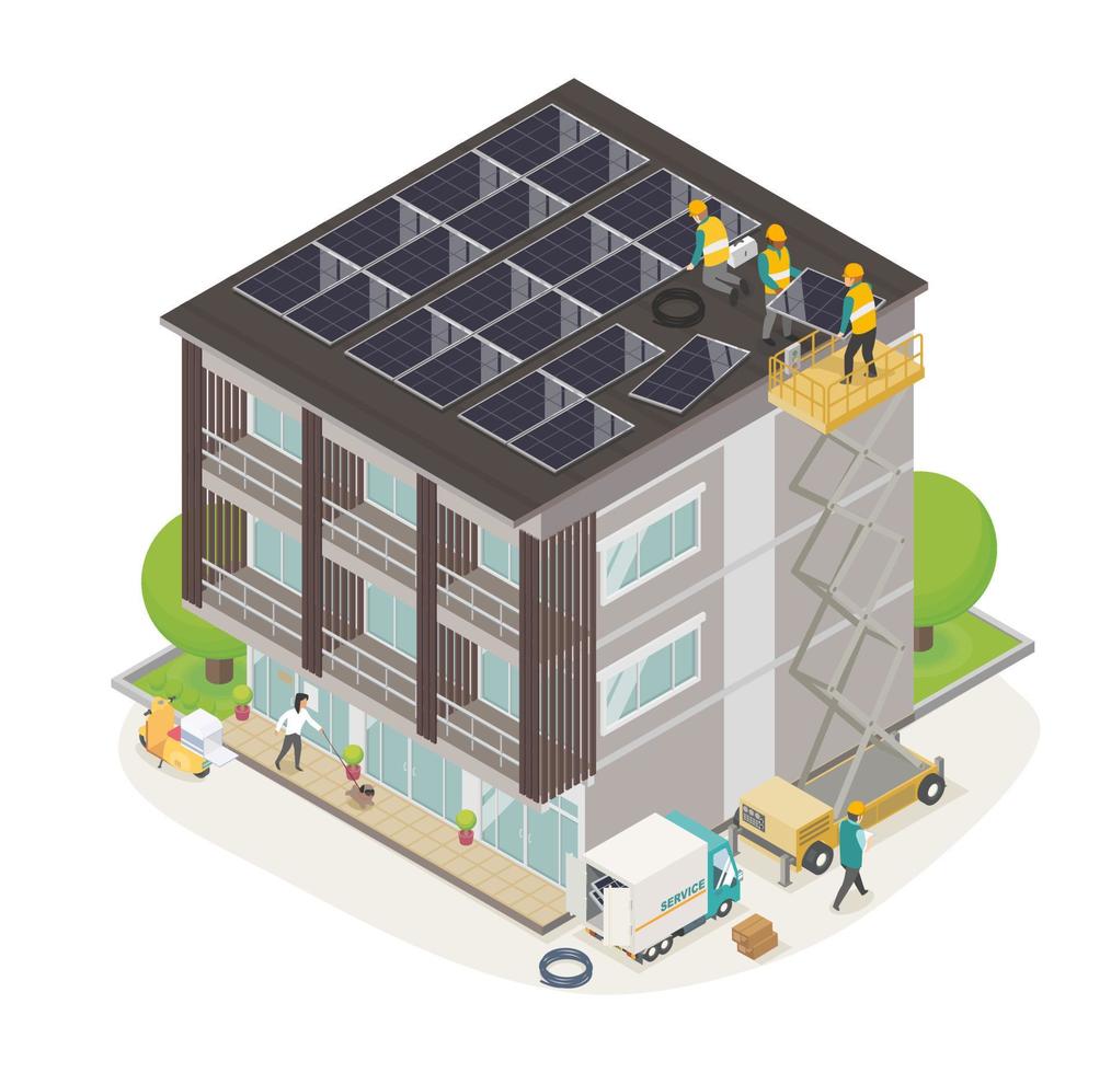 cellule solaire eco energy bâtiment commercial et maison de ville isométrique vecteur