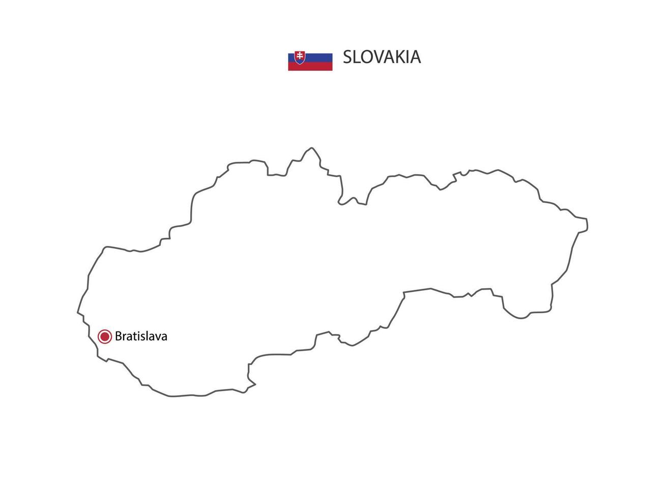 dessinez à la main un vecteur de ligne noire mince de la carte de la slovaquie avec la capitale bratislava sur fond blanc.