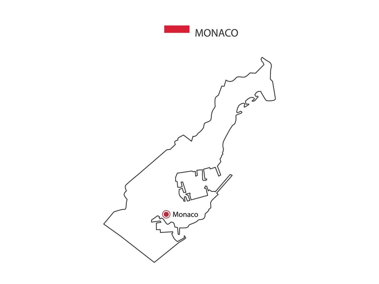 dessinez à la main un vecteur de ligne noire mince de la carte de monaco avec la capitale monaco sur fond blanc.