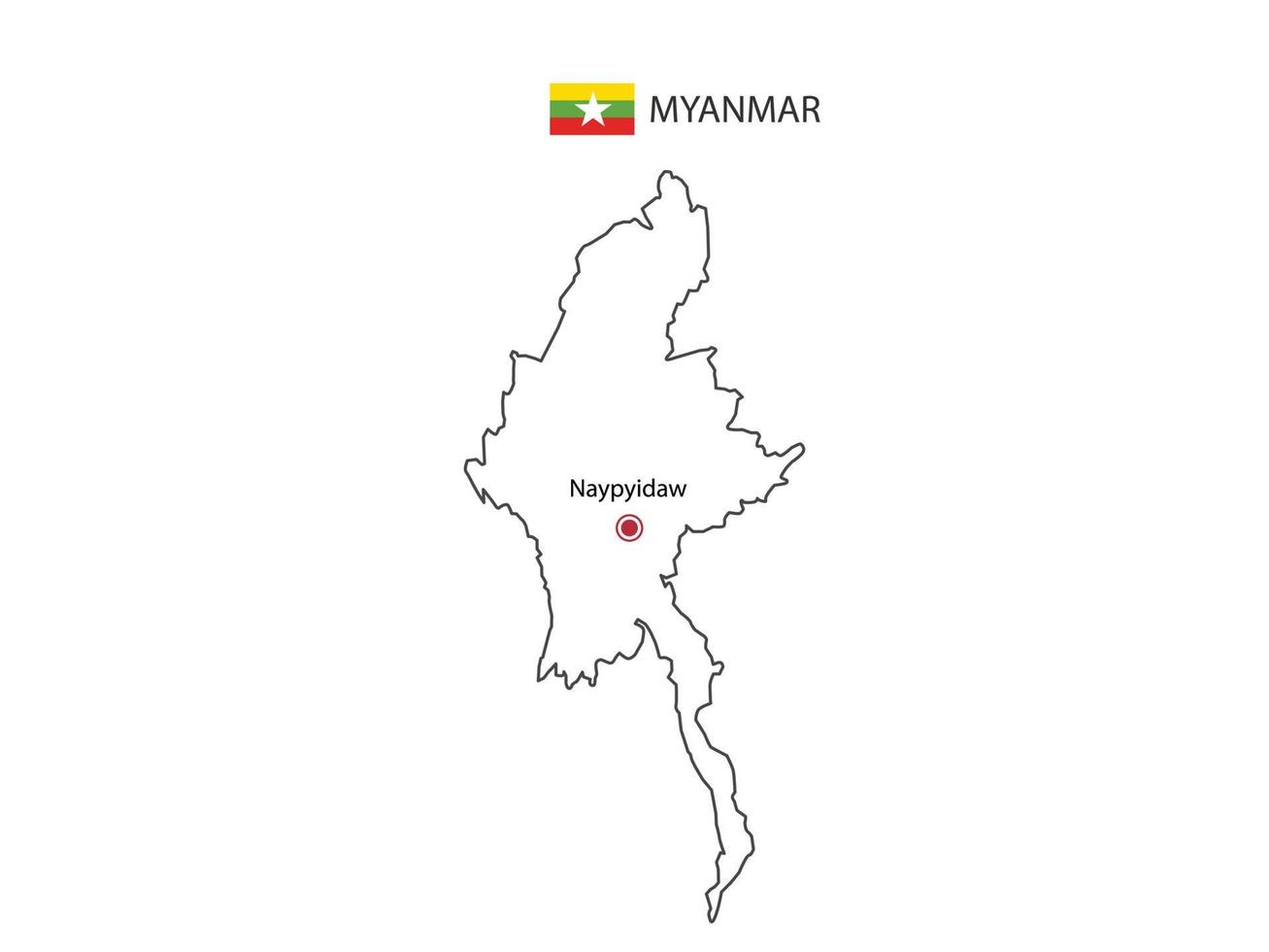 dessinez à la main un vecteur de ligne noire mince de la carte du myanmar avec la capitale naypyidaw sur fond blanc.