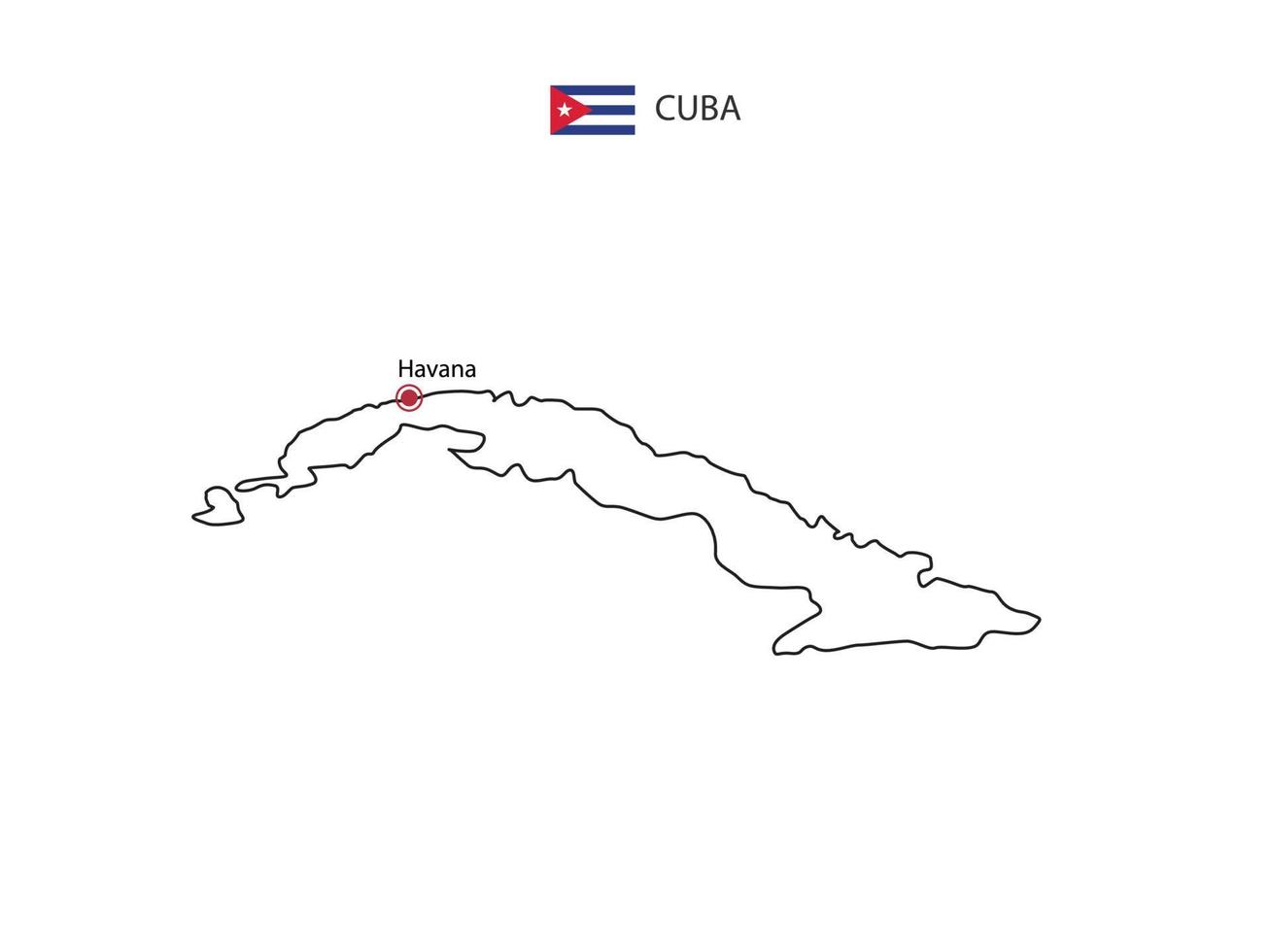 dessinez à la main un vecteur de fine ligne noire de la carte de cuba avec la capitale la havane sur fond blanc.