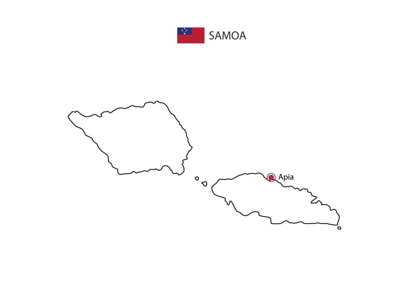 dessinez à la main un vecteur de ligne noire mince de la carte des samoa avec la capitale apia sur fond blanc.