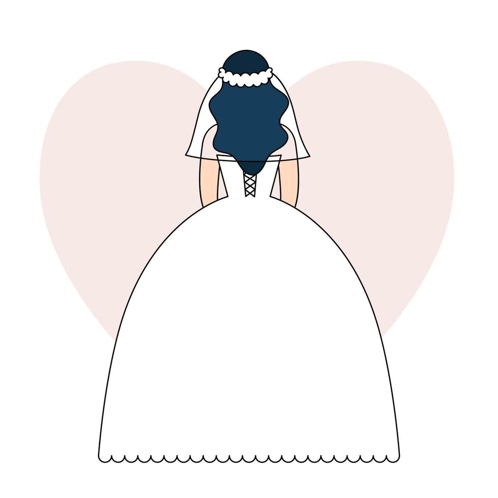 jeune femme vêtue d'une robe de mariée blanche, la mariée se tient dos au mariage, célébration festive. illustration vectorielle dans le style de contour, doodle coloré. vecteur