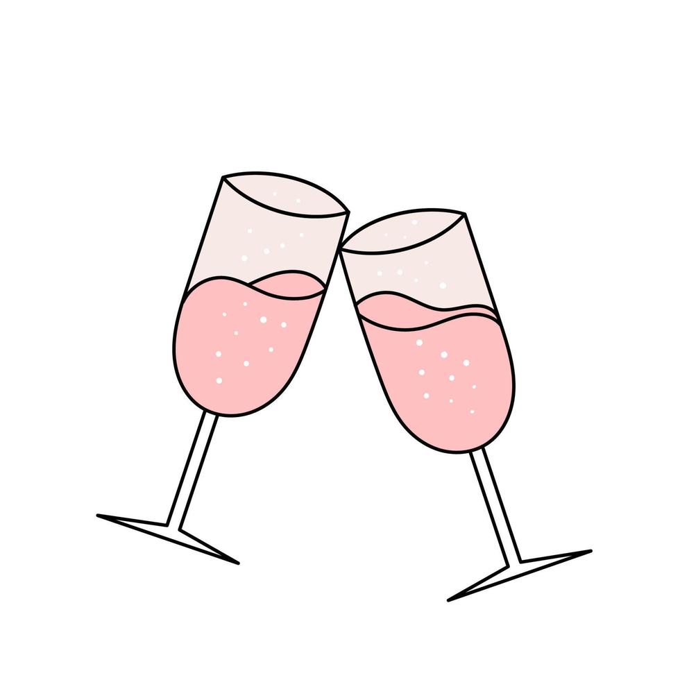 deux verres de champagne, vin mousseux. icône de mariage simple. illustration vectorielle dans le style doodle vecteur