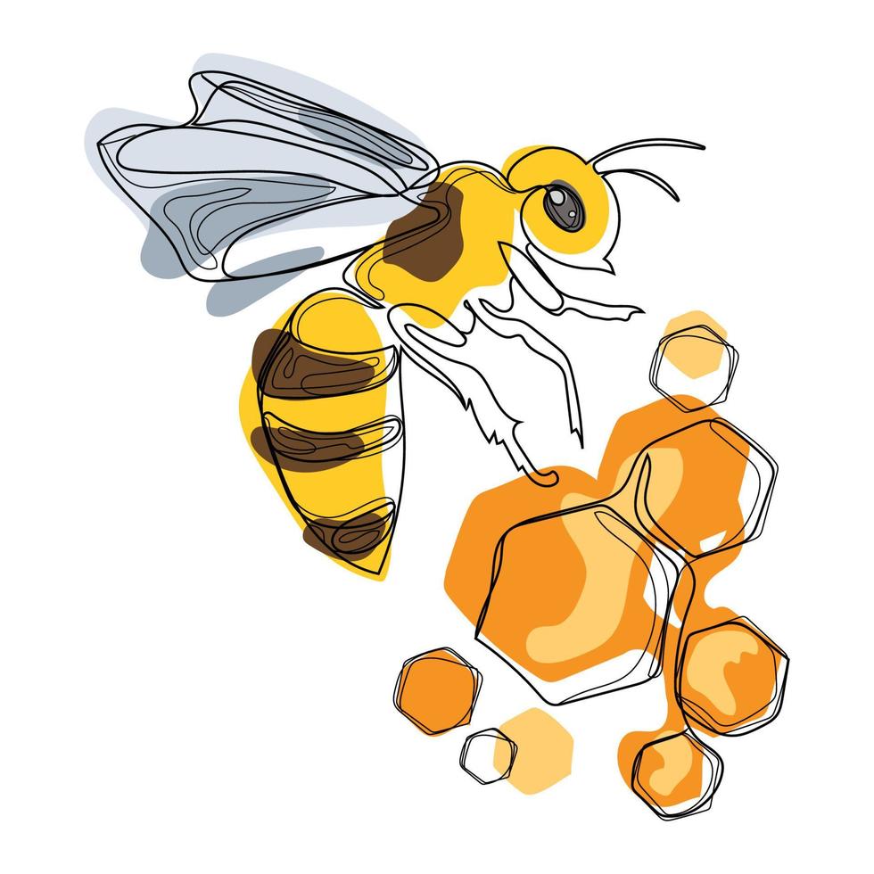 abeille avec illustration vectorielle en nid d'abeille dessinée à la main. modèle de logotype en nid d'abeille linéaire. concept de produit biologique simple minimal. dessin de doodle d'abeille vecteur