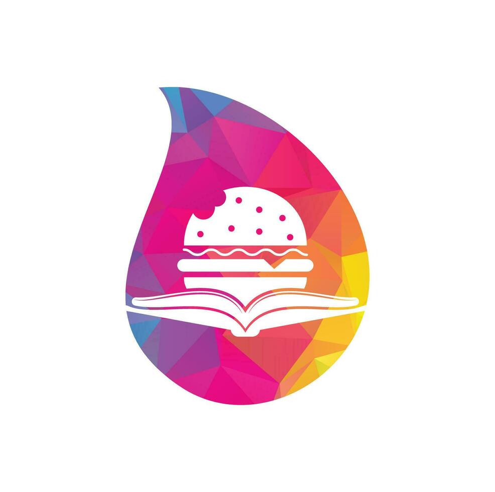 vecteur de conception de logo de concept de forme de goutte de livre de hamburger. livres et burger café logo vecteur isolé