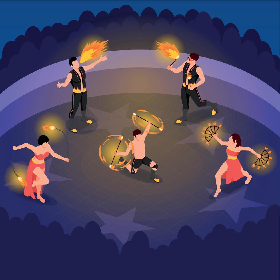 composition isométrique des gens du spectacle de feu vecteur