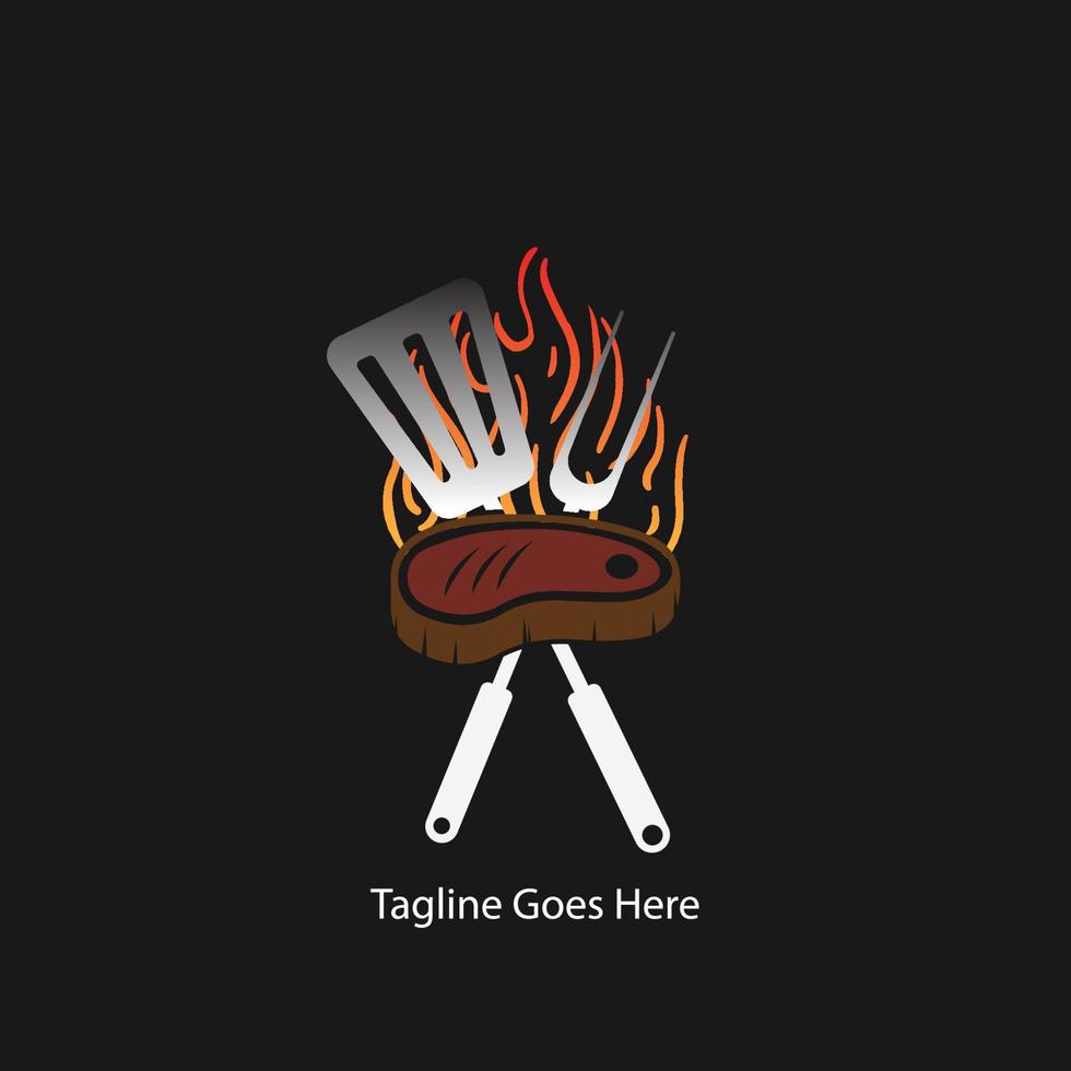 logo barbecue avec logotype bbq et concept de feu en combinaison avec une spatule vecteur