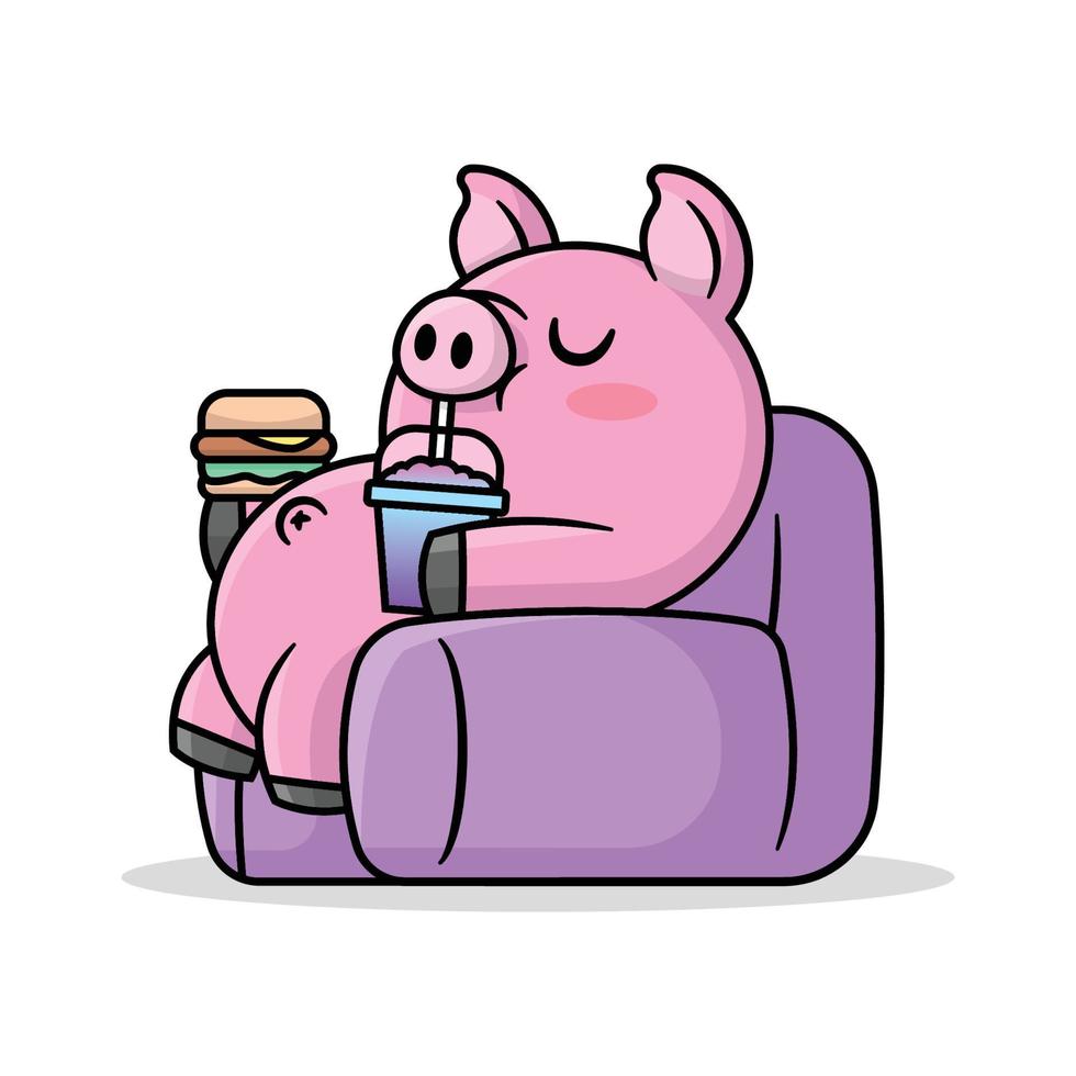 drôle de gros cochon est allongé sur le canapé et mange une collation. illustration de dessin animé vecteur