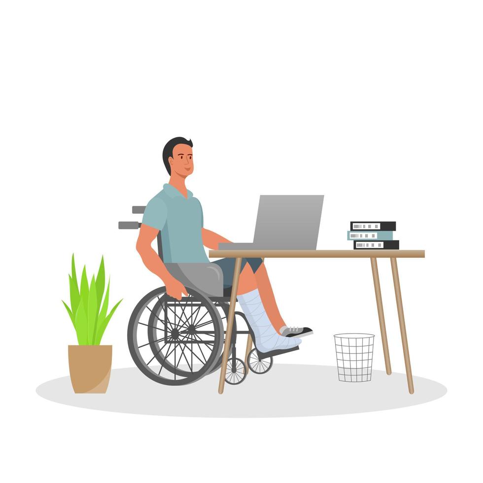 un homme avec une jambe cassée assis dans un fauteuil roulant travaillant sur un ordinateur portable vecteur