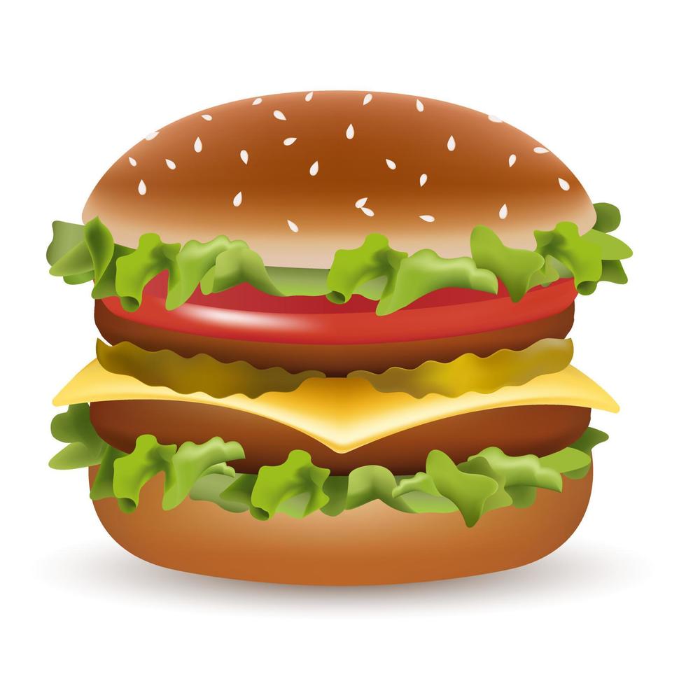 Vecteur réaliste hamburger américain classique cheeseburger avec une salade de tomate, cebula, boeuf, sembler et sembler avec du noir sur fond blanc. Fast food
