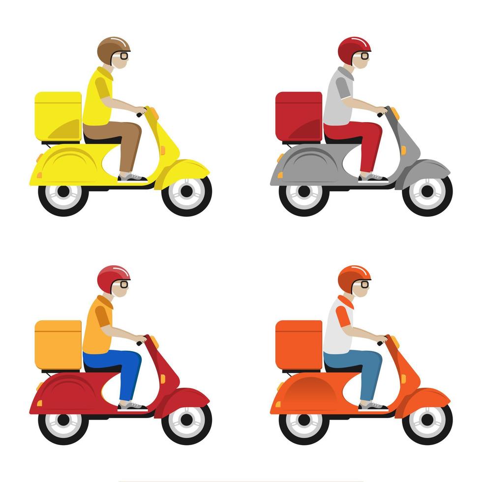 livraison rapide par scooter vers mobile. ensemble d'hommes de couleurs différentes. notion de commerce électronique. infographie commande de nourriture en ligne. site web, conception d'applications. vecteur