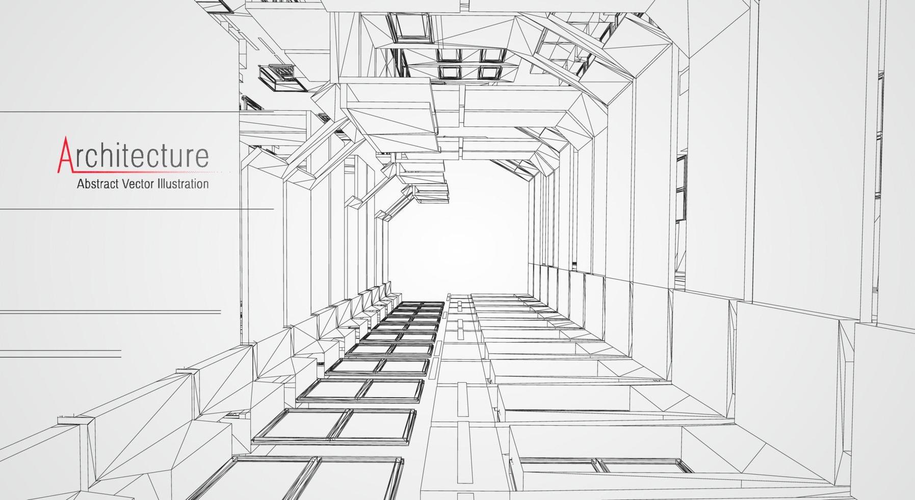 fond de ligne d'architecture. résumé de vecteur de croquis de construction de bâtiment. projet 3d de ville moderne. grille géométrique de la technologie. maison de plan de fil. filaire d'innovation d'architecte numérique.