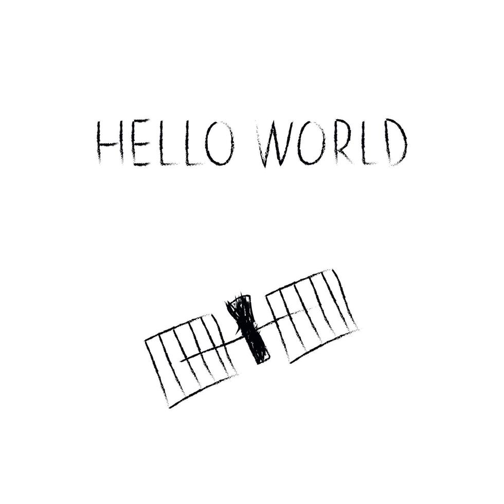 illustration de cosmos doodle dans un style enfantin. carte spatiale dessinée à la main avec lettrage hello world, satellite. noir et blanc. vecteur