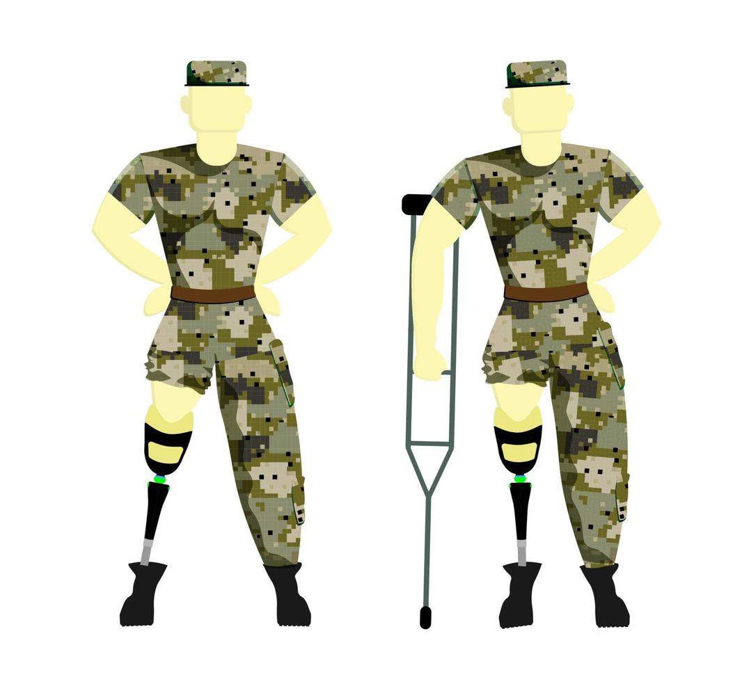 soldat sur une prothèse en uniforme militaire. personne handicapée avec une prothèse. prothèses. illustration vectorielle d'un militaire. vecteur