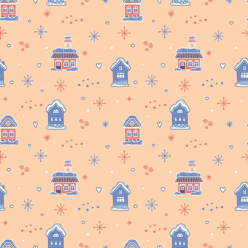 modèle sans couture de noël avec la ville d'hiver. maison bleue dessinée à la main et flocon de neige sur fond beige vecteur
