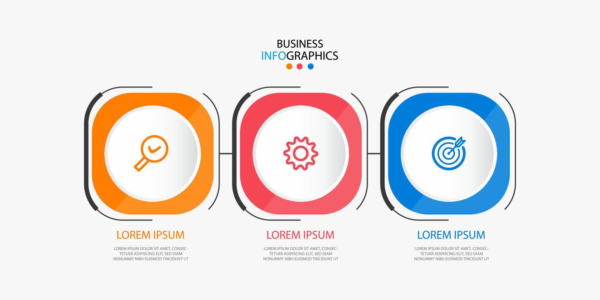 Infographie en 3 étapes, option ou niveaux avec étiquette. graphique d'informations sur la chronologie. présentation d'entreprise, brochure d'information, bannière, modèle de mise en page de flux de travail. illustration vectorielle. eps10 vecteur