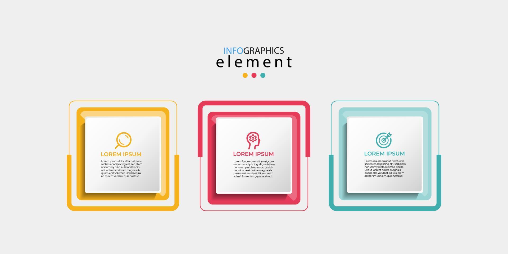 infographie moderne en 3 étapes, option ou niveaux avec étiquette. graphique d'informations sur la chronologie. présentation d'entreprise, brochure d'information, bannière, modèle de mise en page de flux de travail. illustration vectorielle eps10 vecteur