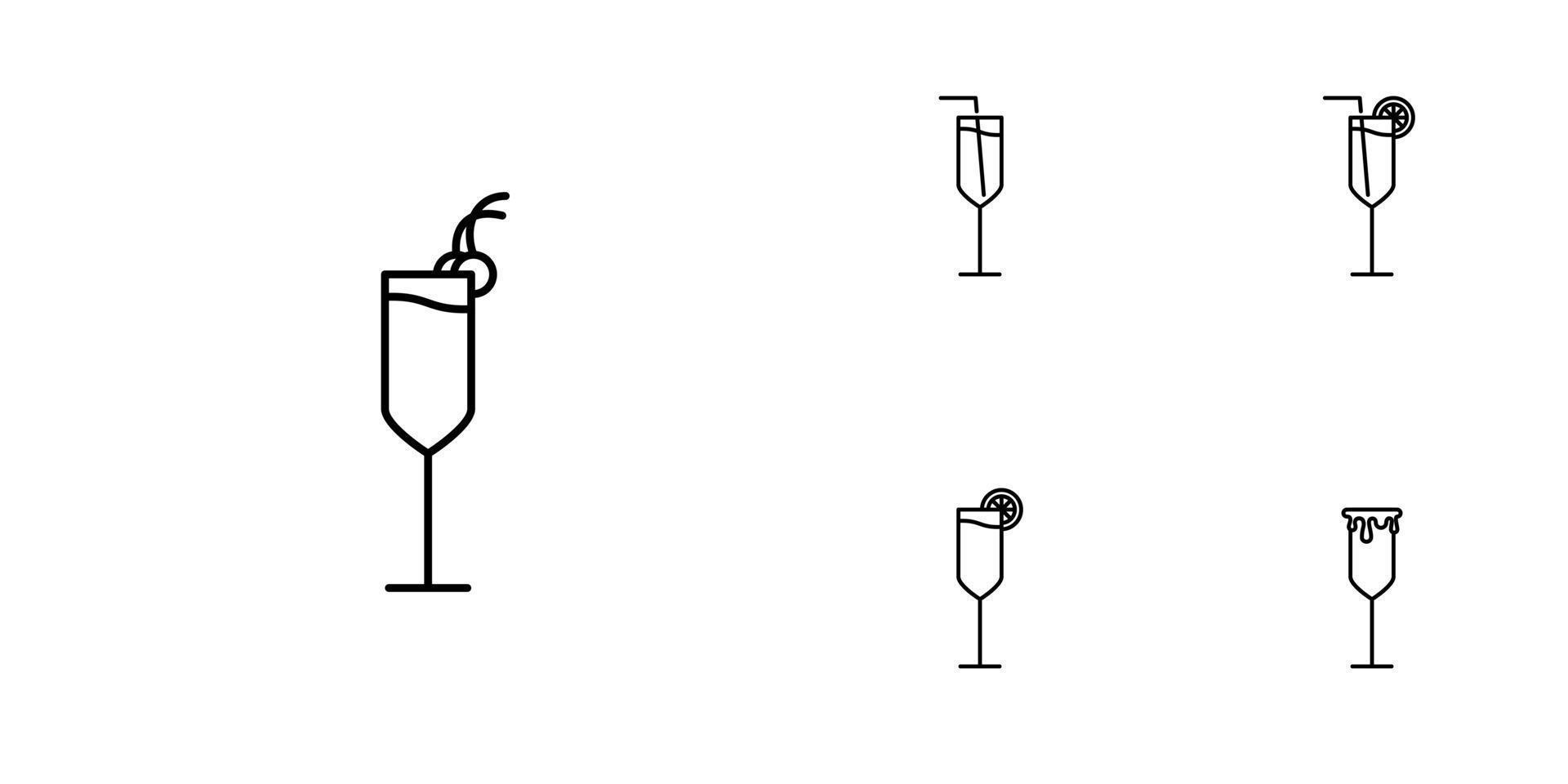 cinq ensembles d'icônes de ligne de verre flûte. avec une paille, citron et cerise. style simple, ligne, silhouette et épuré. noir et blanc. adapté aux symboles, signes, icônes ou logos vecteur