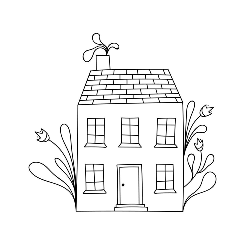 petite maison mignonne de doodle noir et blanc avec des éléments floraux. coloriage. vecteur