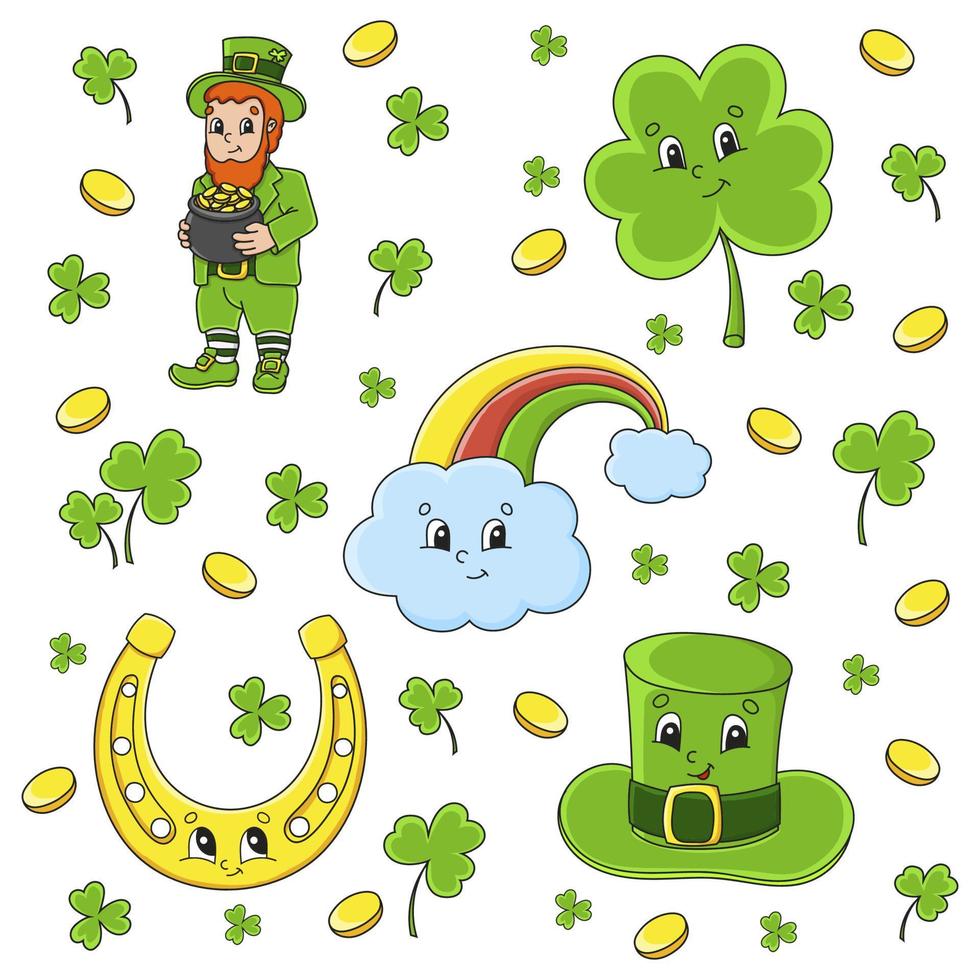 ensemble d'autocollants avec des personnages de dessins animés mignons. st. jour de patrick. dessiné à la main. paquet coloré. illustration vectorielle. collection de badges patch pour les enfants. pour planificateur quotidien, organisateur, agenda. vecteur