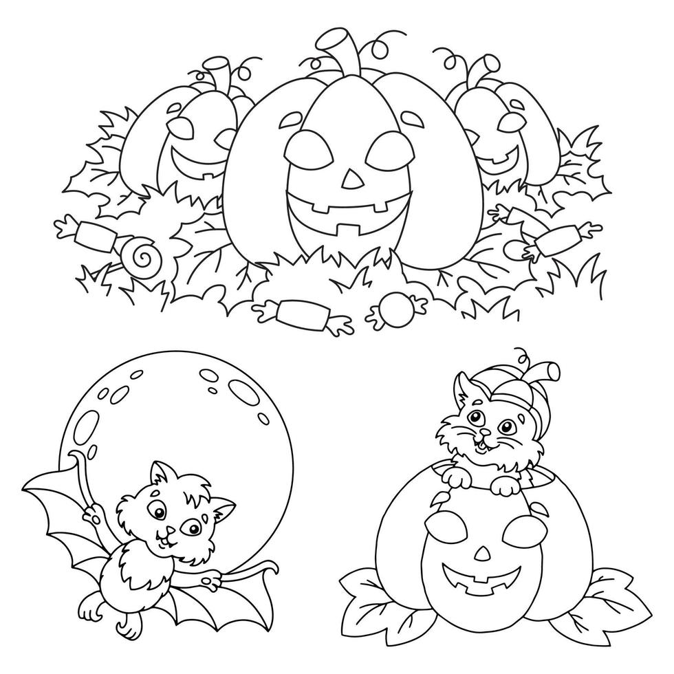 citrouille, bonbons, chauve-souris, chat. thème d'Halloween. page de livre de coloriage pour les enfants. style bande dessinée. illustration vectorielle isolée sur fond blanc. vecteur