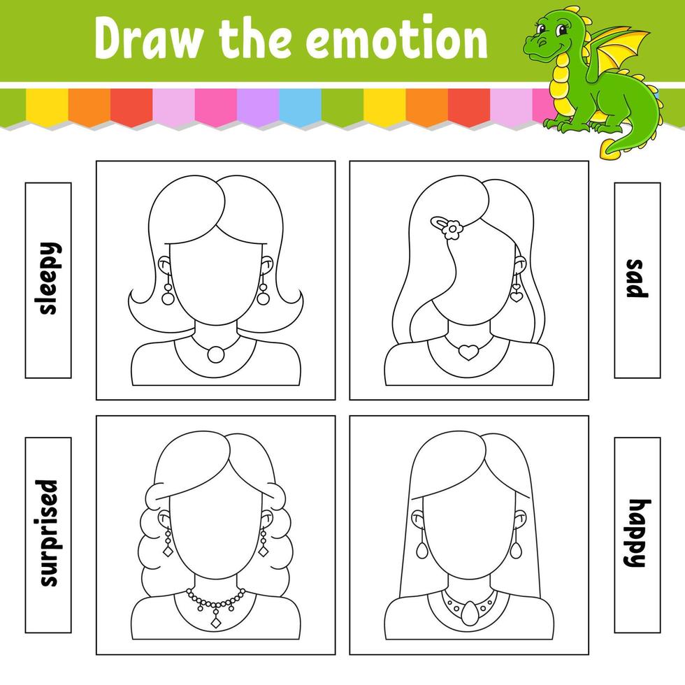 dessiner l'émotion. feuille de travail complète le visage. livre de coloriage pour les enfants. caractère joyeux. illustration vectorielle. silhouette de contour noir. isolé sur fond blanc. vecteur