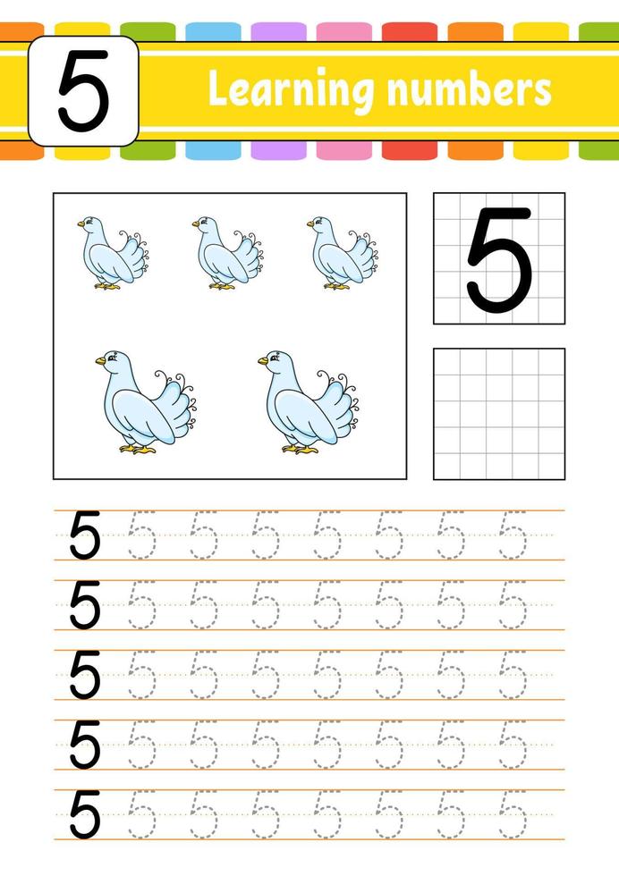 tracer et écrire des nombres. pratique de l'écriture manuscrite. apprentissage des nombres pour les enfants. feuille de travail de développement de l'éducation. page d'activité. illustration vectorielle. vecteur