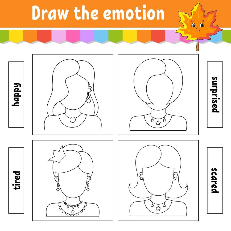 dessiner l'émotion. feuille de travail complète le visage. livre de coloriage pour les enfants. caractère joyeux. illustration vectorielle. silhouette de contour noir. illustration vectorielle. vecteur