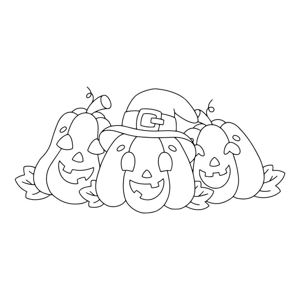 citrouilles heureuses. page de livre de coloriage pour les enfants. thème d'Halloween. personnage de style dessin animé. illustration vectorielle isolée sur fond blanc. vecteur