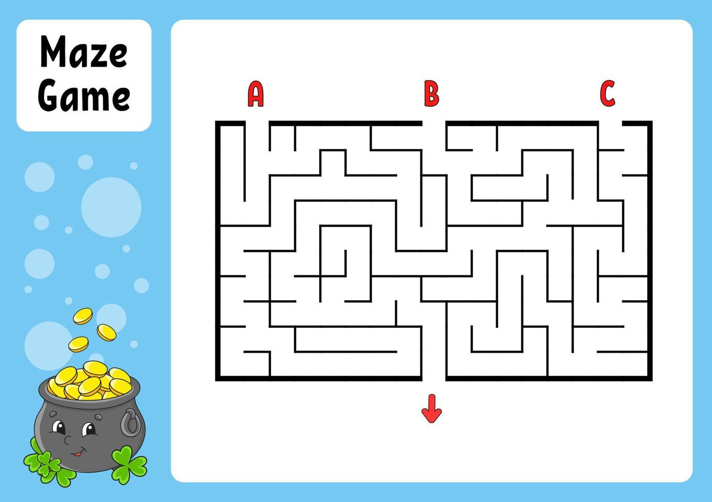 labyrinthe rectangulaire. jeu pour les enfants. trois entrées, une sortie. feuille de travail de l'éducation. casse-tête pour les enfants. énigme du labyrinthe. illustration vectorielle de couleur. trouver le bon chemin. personnage de dessin animé. vecteur