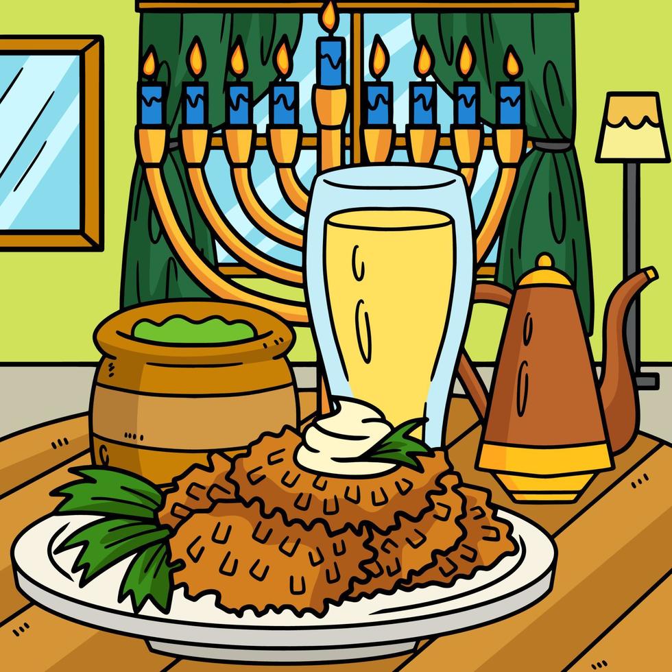 hanukkah latke avec dessin animé coloré menorah vecteur