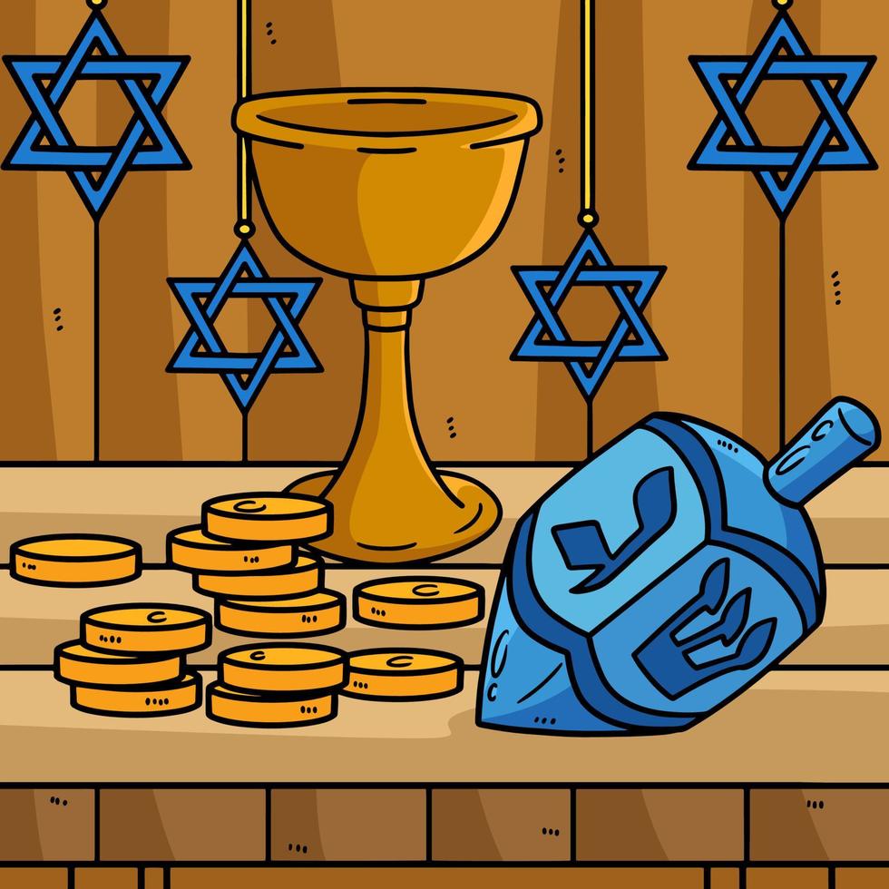 hanukkah dreidel, pièces de monnaie et calice coloré vecteur
