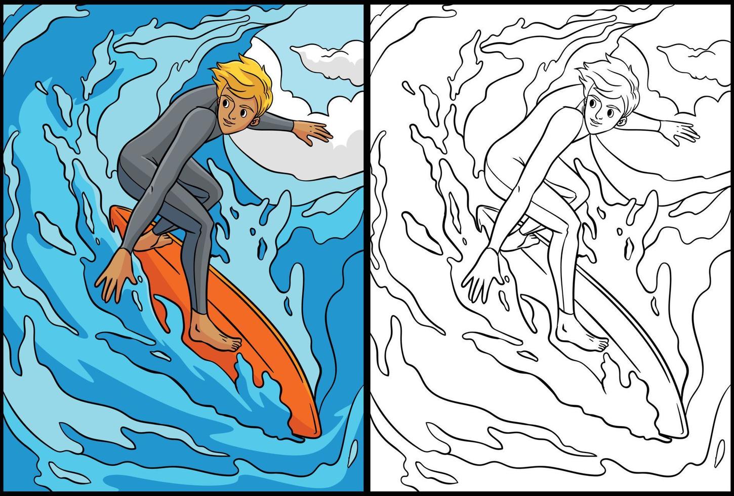 coloriage de surfeur illustration colorée vecteur