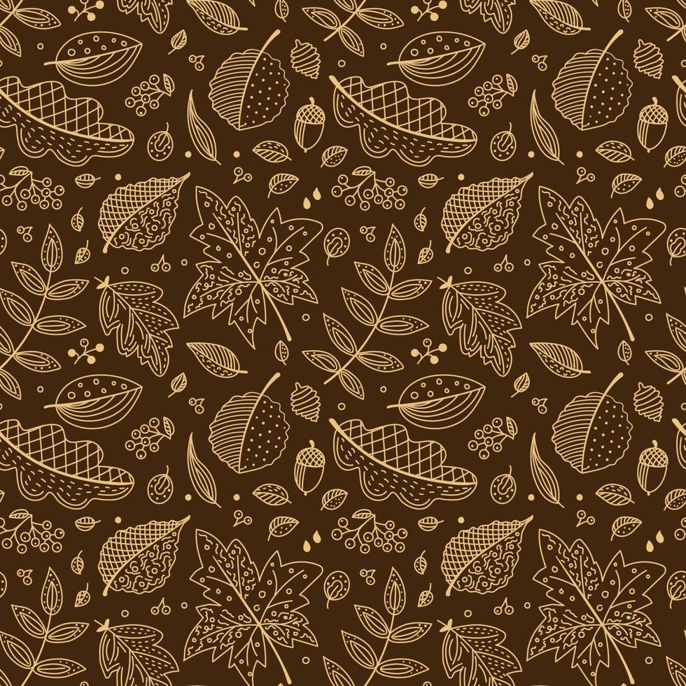 modèle sans couture avec des feuilles de contour. fond brun et or d'automne. style de griffonnage. pour l'impression, le tissu, le textile, la fabrication, les papiers peints. feuillage, automne, été indien vecteur