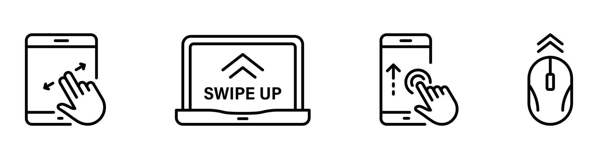 faites glisser le bouton sur l'ensemble d'icônes de ligne pc ordinateur smartphone. faites défiler faites glisser déplacer cliquez sur le pictogramme de geste d'affichage tactile. icône de contour de l'application de médias sociaux d'action de diapositive. trait modifiable. illustration vectorielle isolée. vecteur