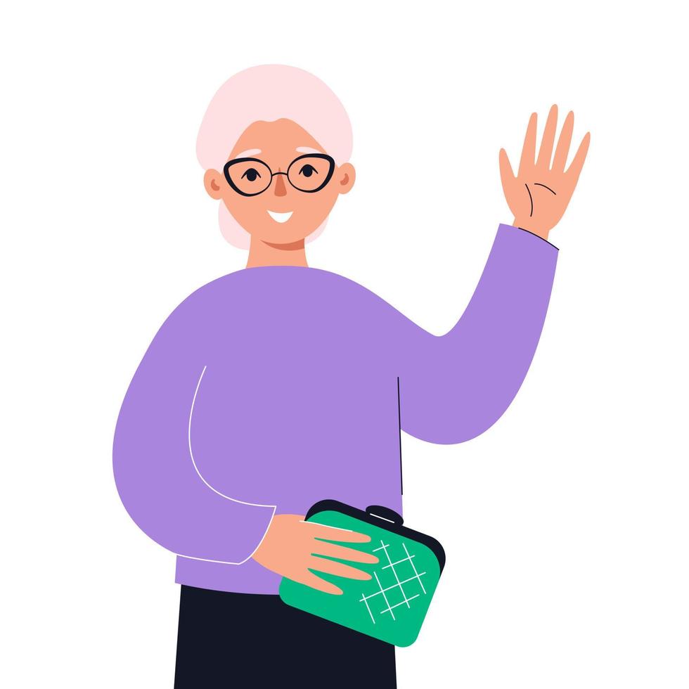 femme âgée disant bonjour et agitant la main. concept d'éducation en ligne, smb, communication. illustration plate de vecteur. vecteur