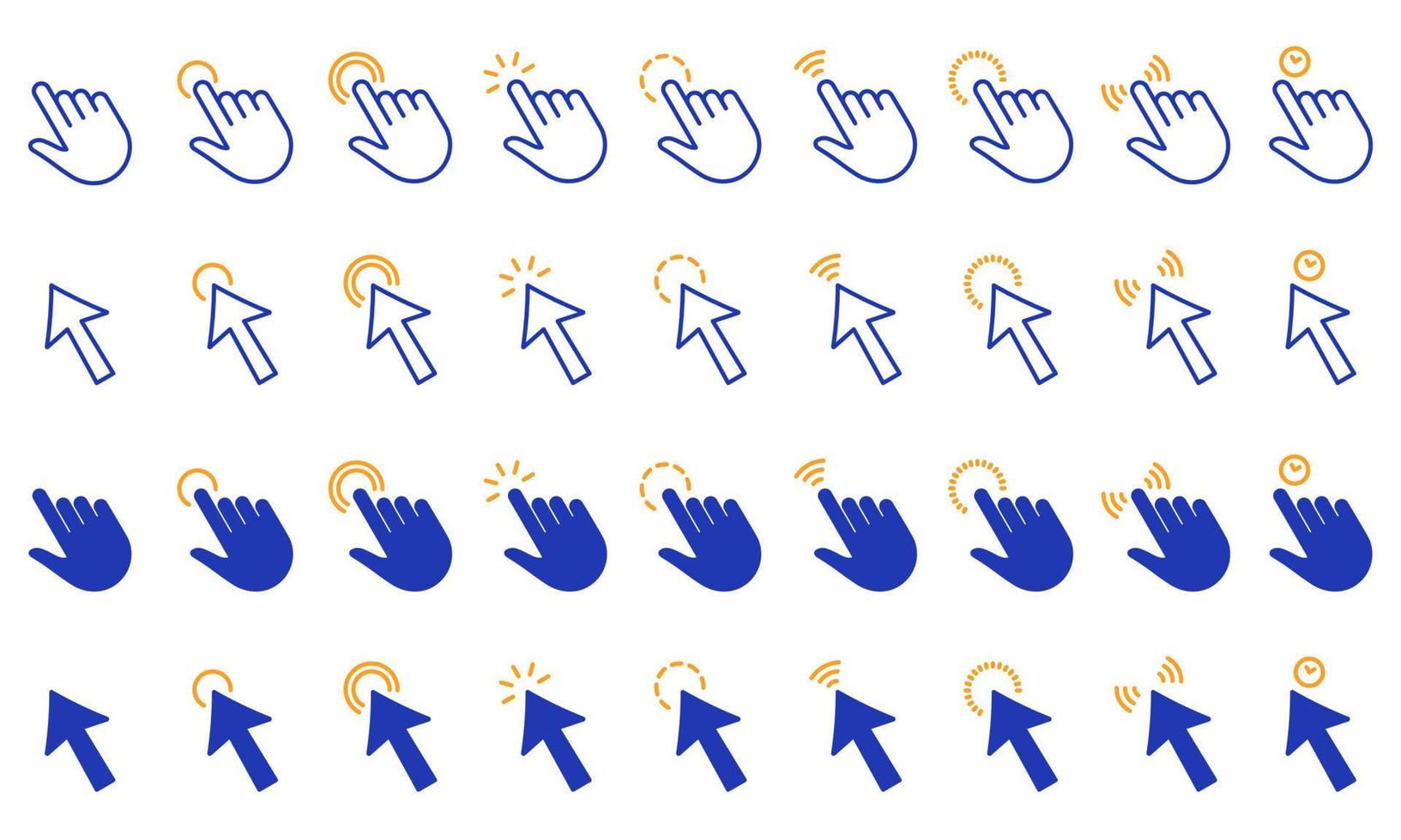 jeu d'icônes de ligne et de silhouette de pointeur d'ordinateur de curseur. application de site Web Internet, appuyez sur l'interface du bouton de choix du lien. flèche et main avec clic de souris numérique doigt. illustration vectorielle isolée. vecteur