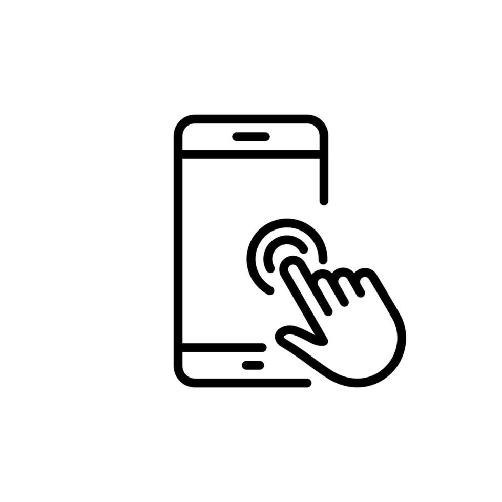 action sur l'icône de contour d'affichage de téléphone portable. glisser la main sur le pictogramme linéaire du smartphone. doigt déplacer la ligne de geste sur l'écran tactile dans l'icône de la ligne de téléphone portable. trait modifiable. illustration vectorielle isolée. vecteur