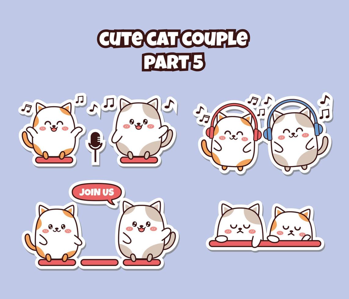 ensemble de joli couple kawaii petit chat pour les médias sociaux autocollant emoji chantant avec casque et microphone rejoignez-nous émoticône ennuyeuse ou triste vecteur