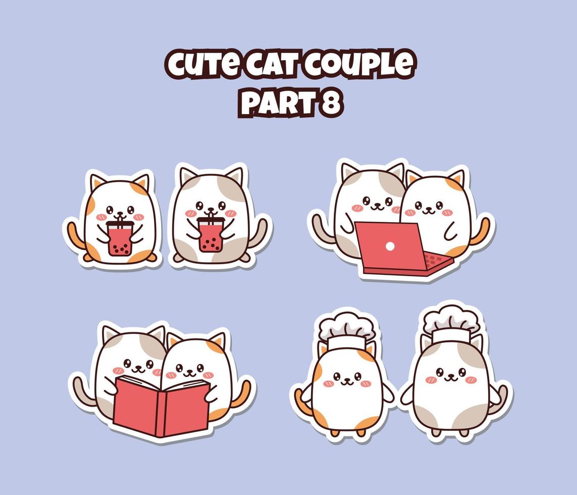 ensemble de couple kawaii mignon petit chat pour les médias sociaux autocollant emoji boisson thé à bulles montre sur ordinateur lecture livre chef émoticône vecteur