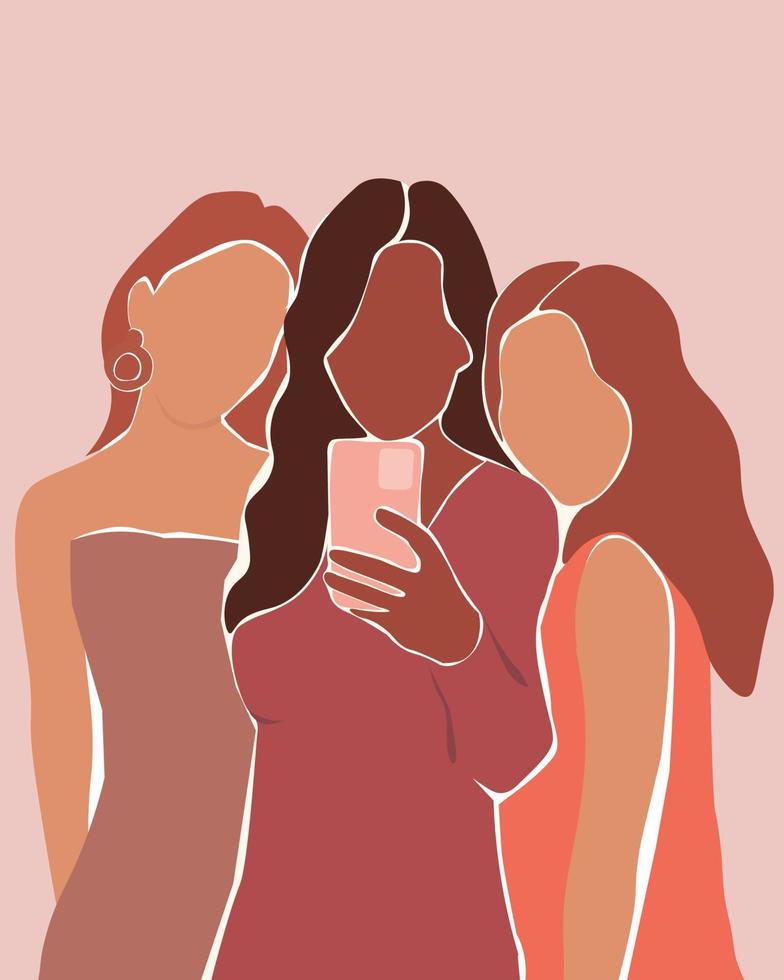 les amis prennent des selfies, s'embrassent. portrait abstrait de filles. affiche contemporaine avec un groupe de femmes. graphiques vectoriels. vecteur