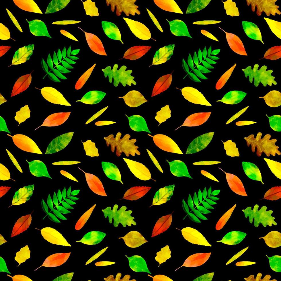 feuilles d'automne colorées à l'aquarelle de modèle sans couture sur fond noir vecteur